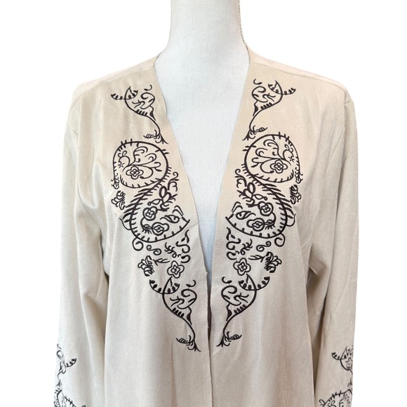 Vocal Lesal Upcycled Western Faux Suede Fringe Cardigan Cowgirl Graphic XL Cream - Picture 3 of 9